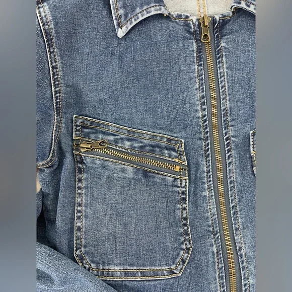 Free People Denim Jumpsuit Medium Zip Front Utility Coverall Blue Long Sleeve - Picture 5 of 16